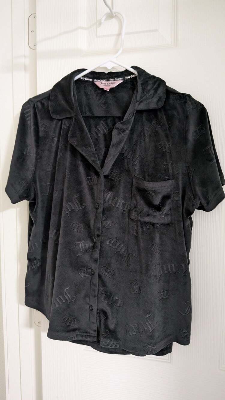 Juicy Couture Pajama Set Size L Black Velour Logo Print